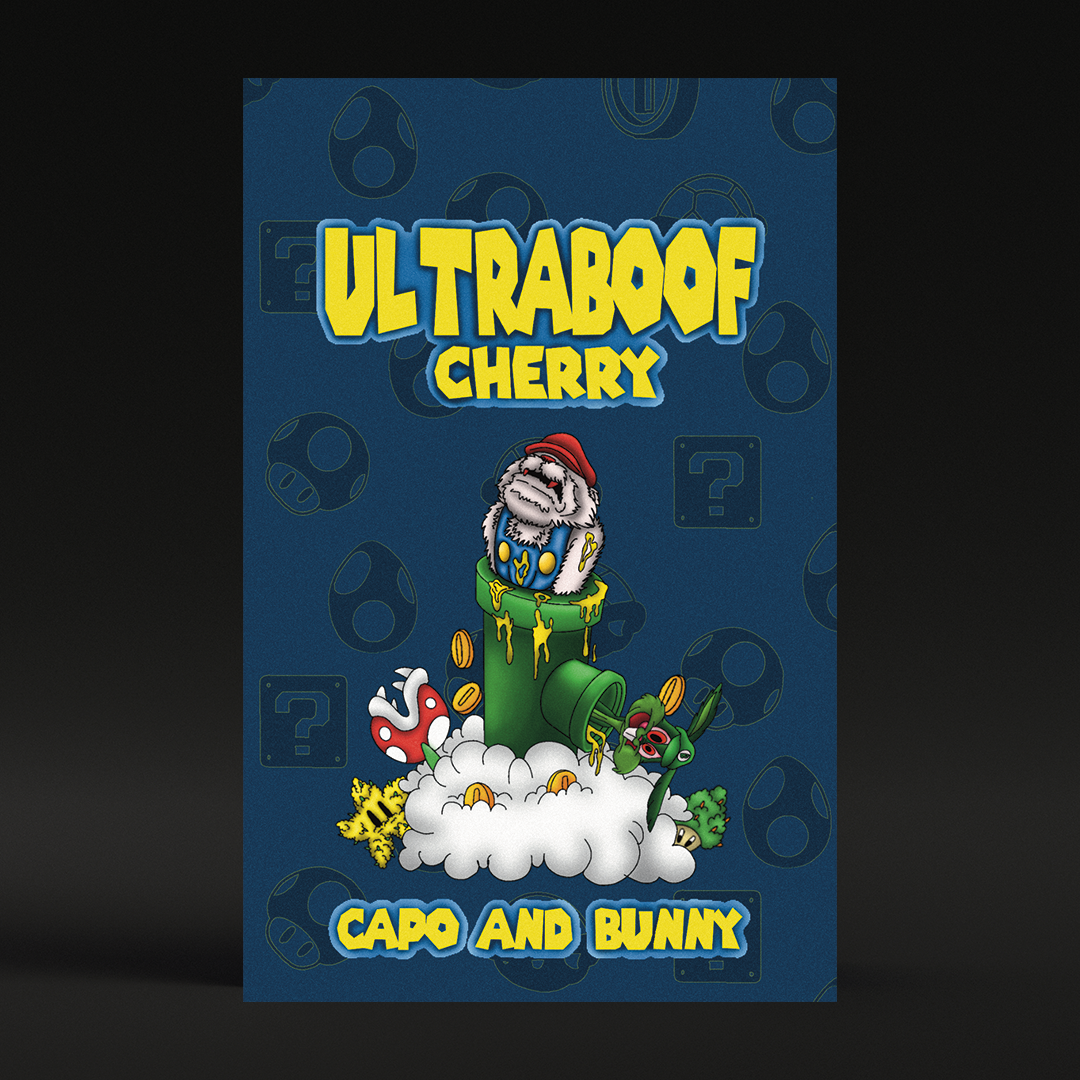 Flat illustration of "ULTRABOOF CHERRY" with Capo and Bunny on a green pipe, dark blue background.